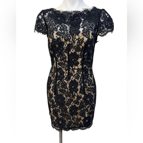 ML Monique Lhuillier cocktail dress size 6 black/nude lace cap sleeve - Picture 2 of 5